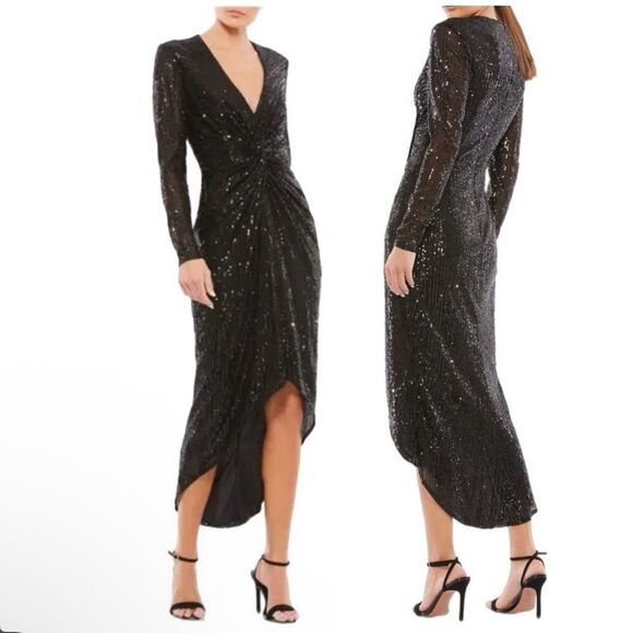 NWT Ieena for Mac Duggal Sequin Knotted Long Sleeve Midi Dress 26549 10 Party - Picture 1 of 11